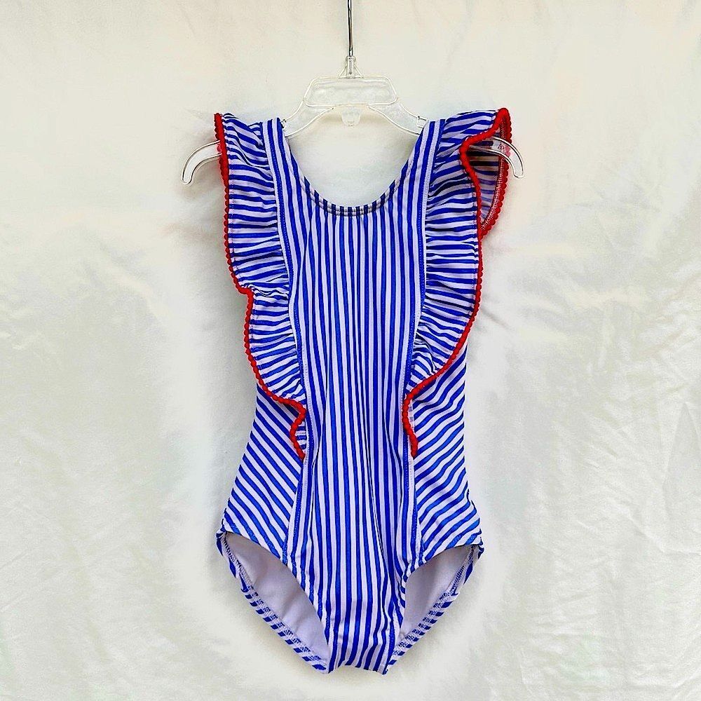 Cat & Jack Girls Blue White Striped One Piece Nautical Swimsuit Red Trim Small